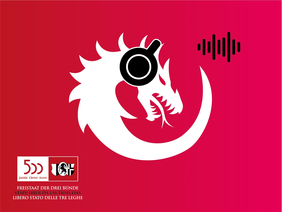 Logo des Hörspiels ein Drache mit Kopfhörern