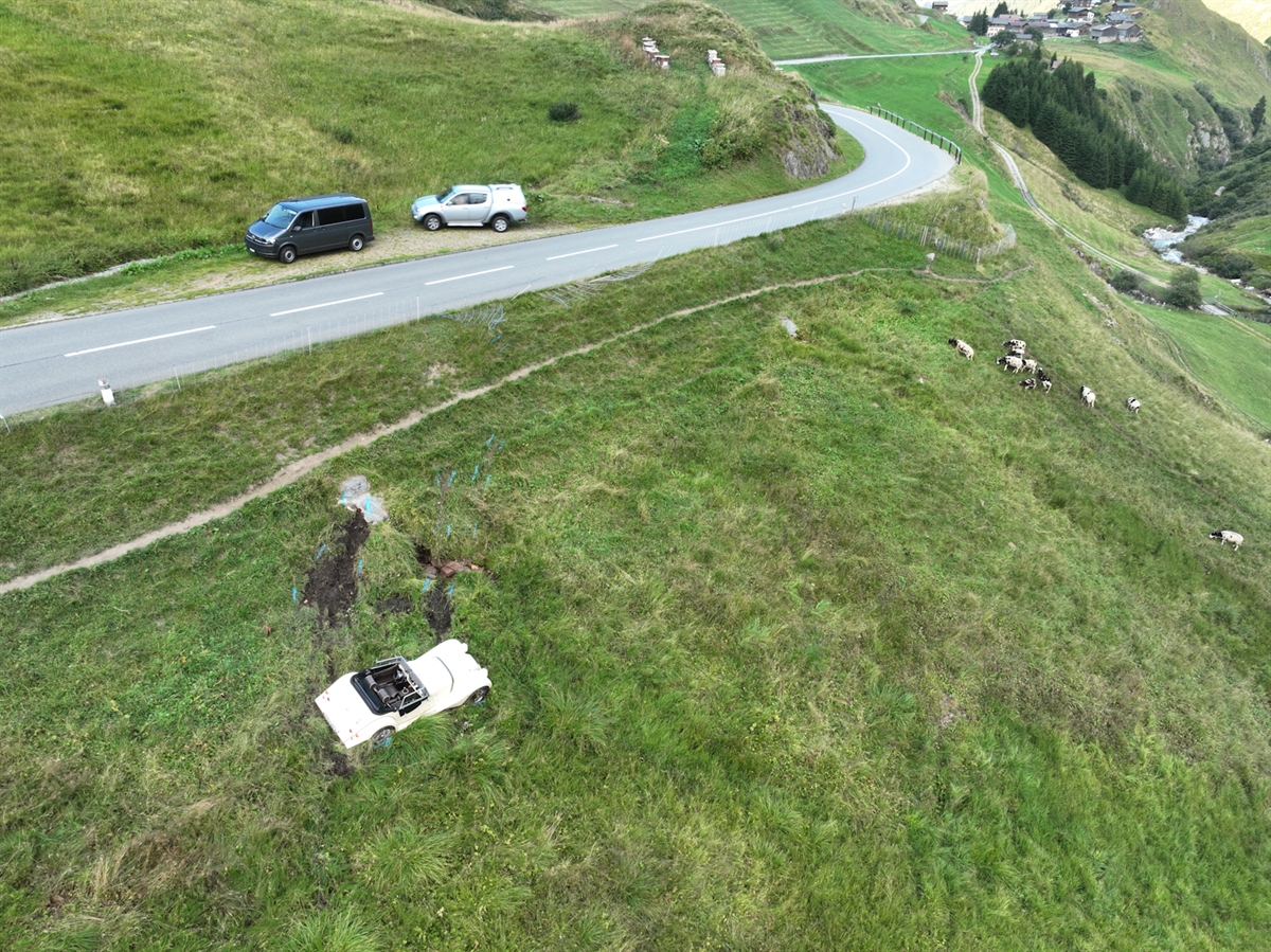 Das verunfallte Auto des alkoholisierten Lenkers liegt neben der Strasse auf der abfallenden Böschung. Schafe weiden genüsslich neben dem Fahrzeug das saftige Gras.