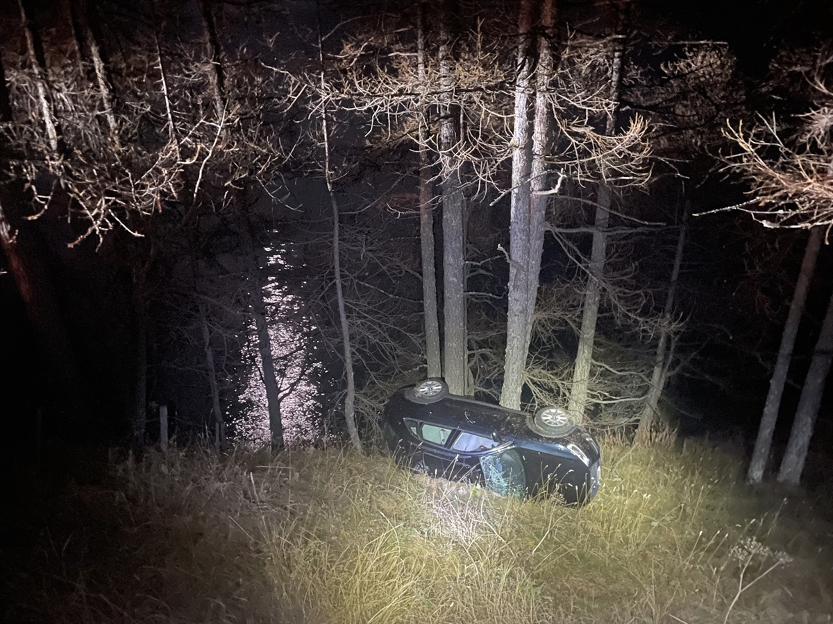 Blick die Böschung hinunter auf das an einem Baum liegende Auto. Wenig unterhalb des Autos spiegelt sich der Silsersee.