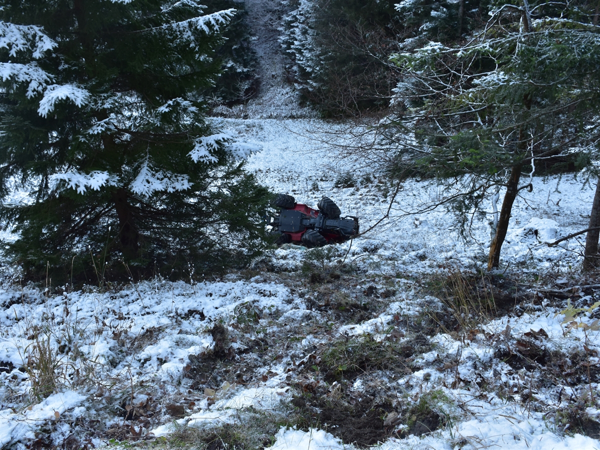 Der Traktor liegt zwischen Bäumen auf einer verschneiten Wiese am Fusse des Abhangs.